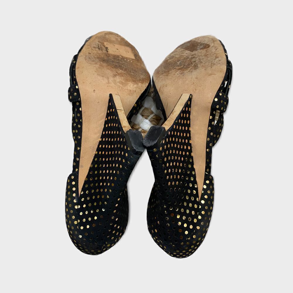 Brian Atwood Peep Toe Stiletto Wedge In Black With Gold Dots Size 35 - Picture 5 of 8